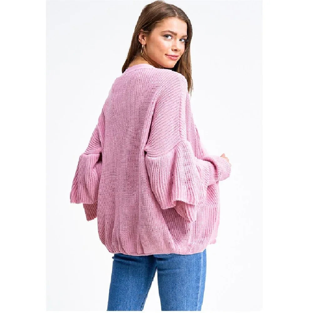 2FOR$30 - NWT Pink Knit Long Tiered Sleeve Cardigan, Large - Picture 3 of 5